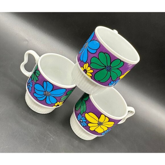 Vintage Coffee Mugs Flower Power Daisy Stacking Japan Mid Century Modern Cups - Picture 1 of 10